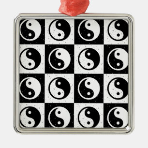 Zwart Wit geruit Yin-yang Zen Blok Print Metalen Ornament