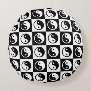 Zwart Wit geruit Yin-yang Zen Blok Print Rond Kussen