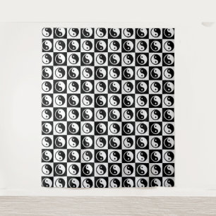 Zwart Wit geruit Yin-yang Zen Blok Print Wandkleed
