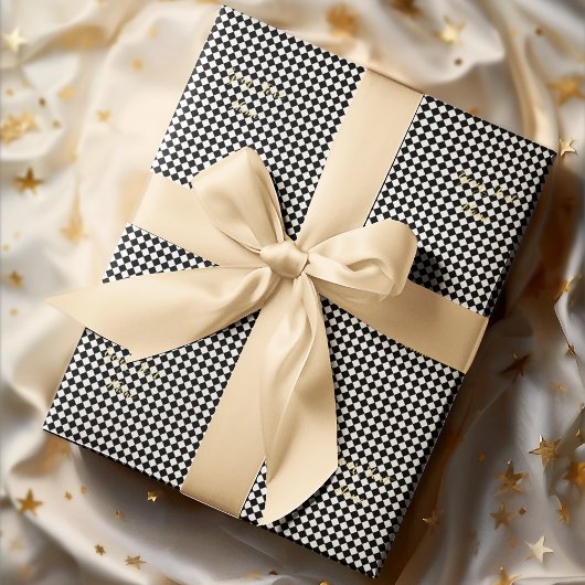 Zwart-wit geruite aangepaste faux gouden tekst cadeaupapier