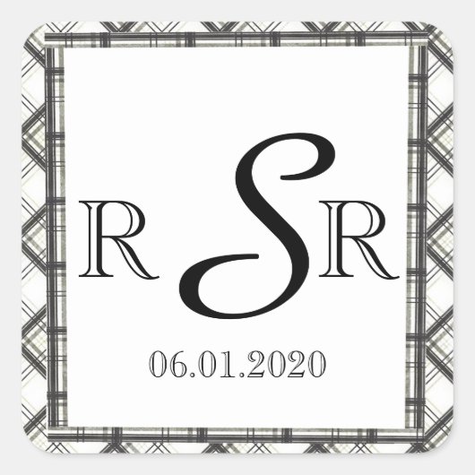 Zwart-wit geruite bruiloft Monogram Vierkante Sticker (Voorkant)