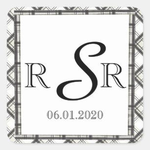 Zwart-wit geruite bruiloft Monogram Vierkante Sticker