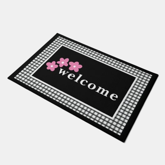 Zwart wit geruite cheques bloemig deurmat (Schuin)