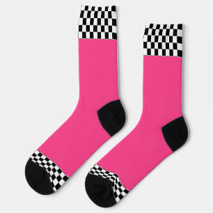 Zwart + Wit geruite rand Hot Pink Sokken