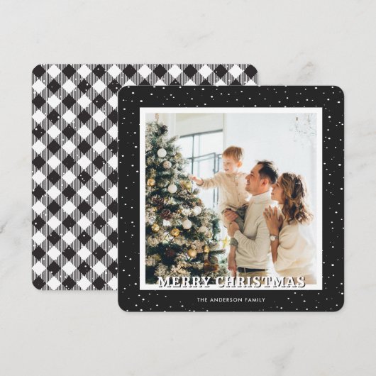 Zwart-wit geruite sneeuw foto Vrolijk kerstfeest Feestdagenkaart (Voorkant / Achterkant)