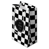 Zwart wit geruite vierkanten klein cadeauzakje (Voorkant Gekanteld)