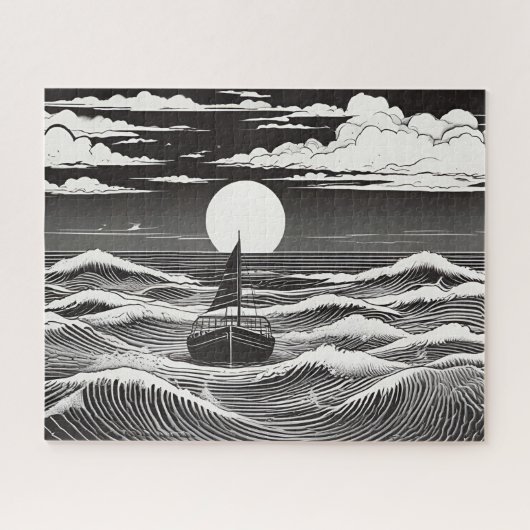 Zwart-wit geschetste eenzame boot bij Zee Legpuzzel (Horizontaal)