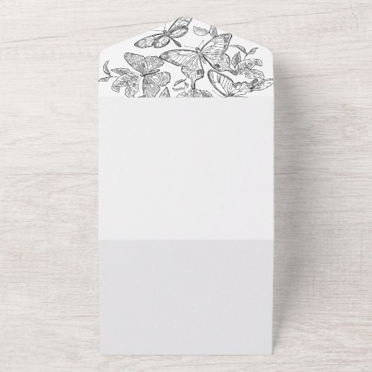 Zwart-wit geschetste vlinders alles in één all in one uitnodiging (Buitenkant)
