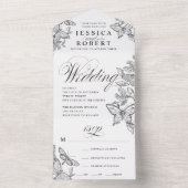 Zwart-wit geschetste vlinders alles in één all in one uitnodiging (Binnen)