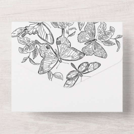 Zwart-wit geschetste vlinders alles in één all in one uitnodiging (Achterkant)