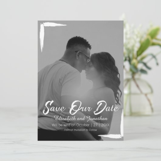 Zwart-wit geschilderd Lijst Volledige foto bruilof Save The Date (Staand voorkant)