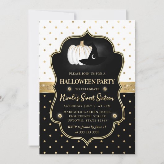 Zwart-wit gestippelde Halloween Sweet 16 Kaart (Voorkant)