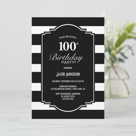 Zwart wit gestreept 100ste verjaardagsfeest kaart (Staand voorkant)