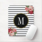 Zwart Wit Gestreept Antiek Boho Floral Monogram Muismat (Met muis)