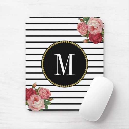 Zwart Wit Gestreept Antiek Boho Floral Monogram Muismat (Met muis)