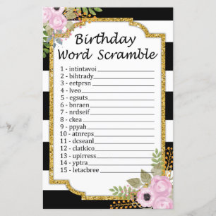 Zwart wit gestreept Birthday Word Scramble Game