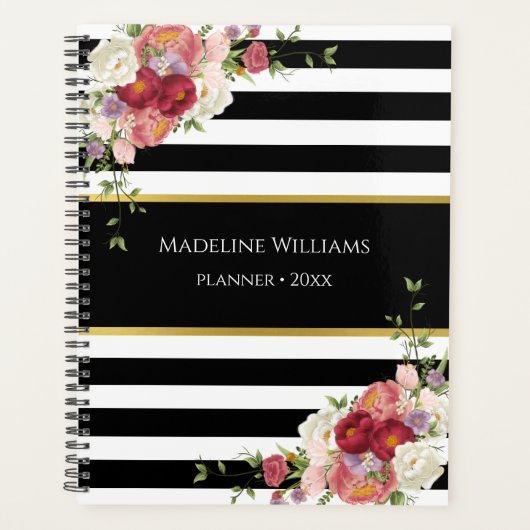 Zwart Wit Gestreept Bloemgoud | Planner 2025 (Voorkant)