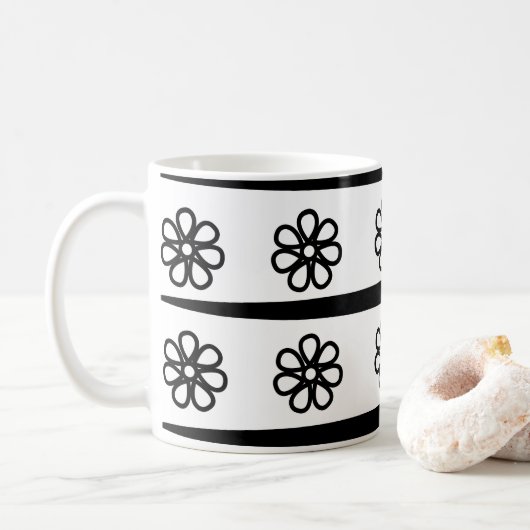 Zwart-wit gestreept bloemmotief koffiemok (Met donut)