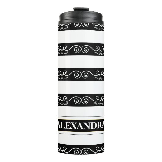 Zwart wit gestreept design Monogram Thermosbeker (Voorkant)