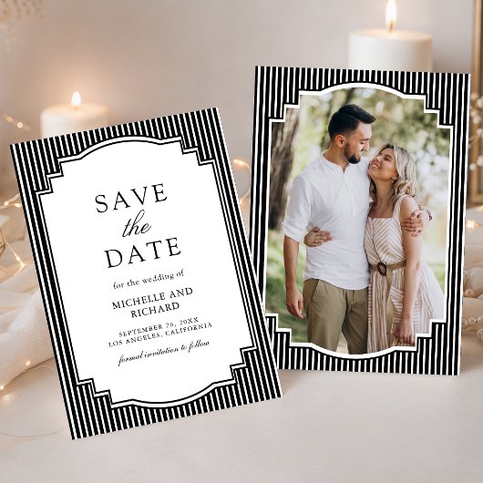 Zwart-wit gestreept foto-huwelijk save the date