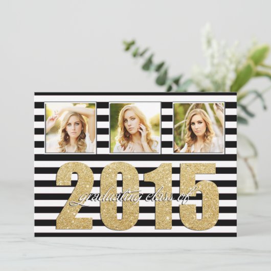 Zwart-wit gestreept, Glitter Gold-Afstuderen Aankondiging (Staand voorkant)