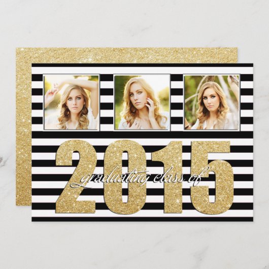 Zwart-wit gestreept, Glitter Gold-Afstuderen Aankondiging (Voorkant / Achterkant)
