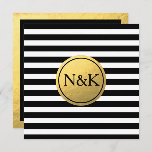 Zwart Wit Gestreept & Gouden Folie Bruiloft Uitnod Kaart (Voorkant / Achterkant)