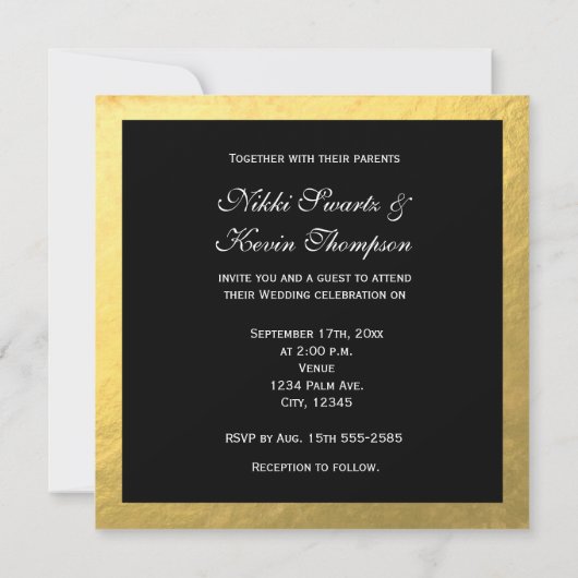 Zwart Wit Gestreept & Gouden Folie Bruiloft Uitnod Kaart (Achterkant)
