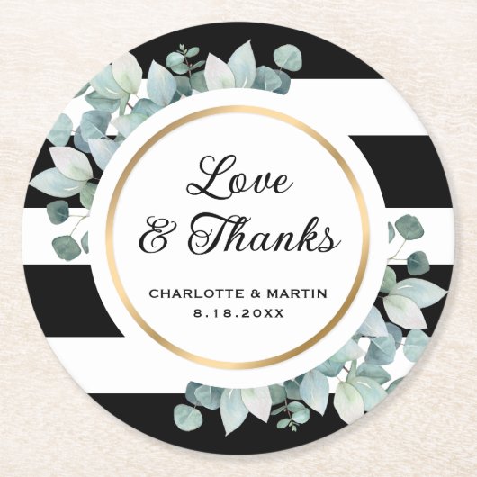 Zwart-wit gestreept groen Eucalyptus Ronde Kartonnen Onderzetter (Voorkant)