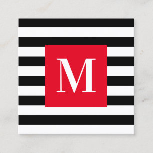 Zwart-wit gestreept helderrood monogram vierkante visitekaartje