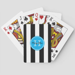 Zwart-wit gestreept met helderblauw monogram pokerkaarten