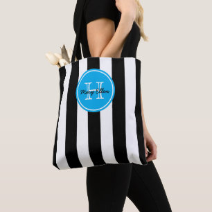 Zwart-wit gestreept met helderblauw monogram tote bag