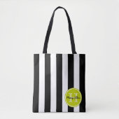 Zwart-wit gestreept met limoengroene monogram tote bag (Voorkant)