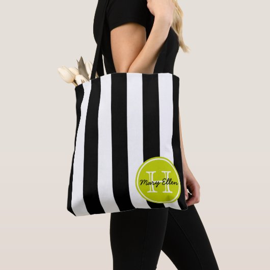 Zwart-wit gestreept met limoengroene monogram tote bag (Dichtbij)