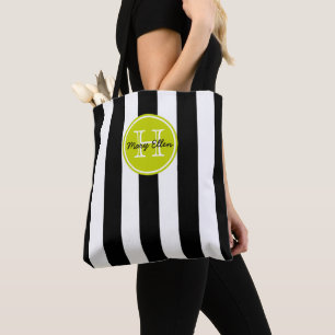 Zwart-wit gestreept met limoengroene monogram tote bag