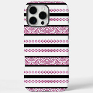 Zwart & wit gestreept met magenta bloempatroon iPhone 16 pro max hoesje