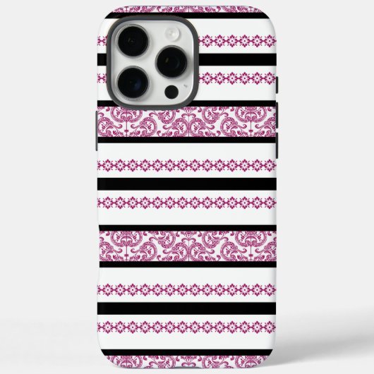 Zwart & wit gestreept met magenta bloempatroon Case-Mate iPhone case (Achterkant)