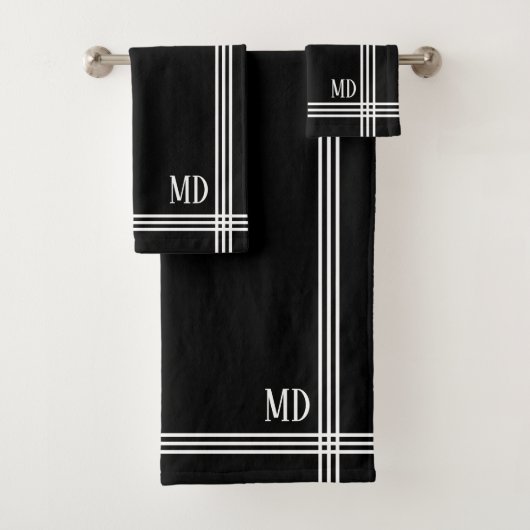 Zwart-wit gestreept met op maat gemaakte initialen bad handdoek (Insitu)