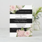 Zwart wit gestreept met roze hydrangeas Wedding Kaart (Staand voorkant)