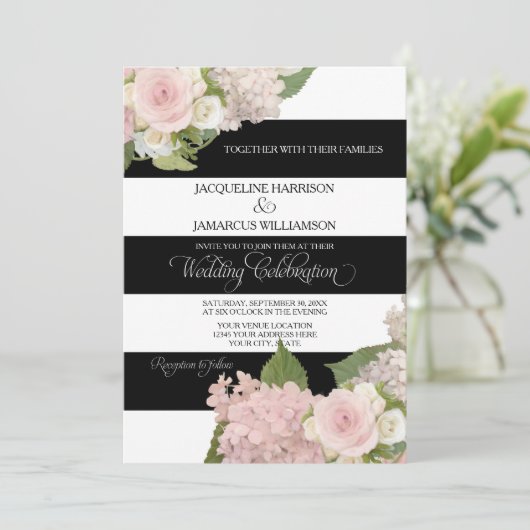 Zwart wit gestreept met roze hydrangeas Wedding Kaart (Staand voorkant)