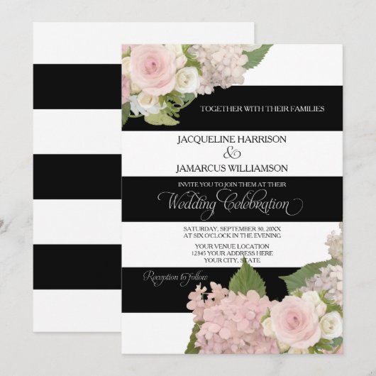 Zwart wit gestreept met roze hydrangeas Wedding Kaart (Voorkant / Achterkant)