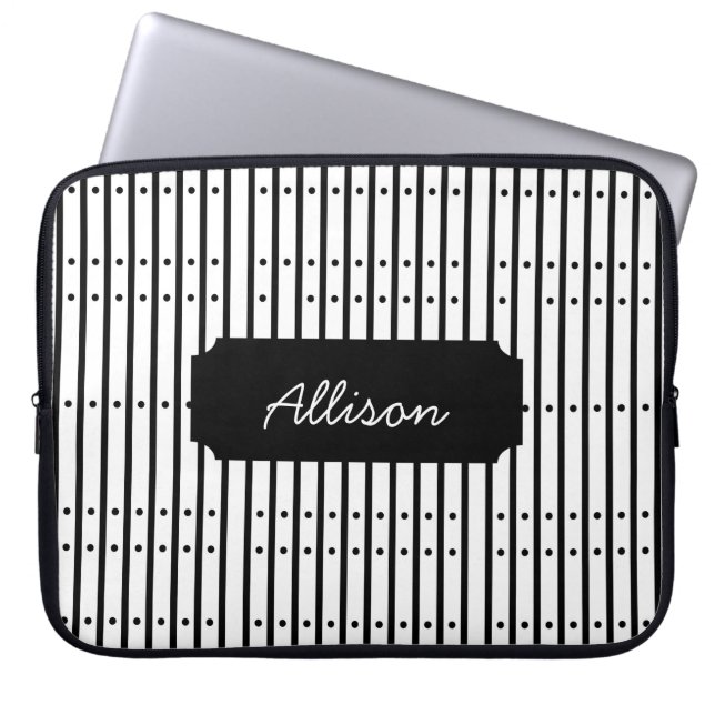 Zwart-wit gestreept met stippen, op maat  laptop sleeve (Voorkant)