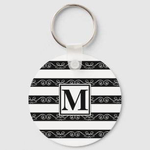 Zwart wit gestreept modern Monogram Sleutelhanger