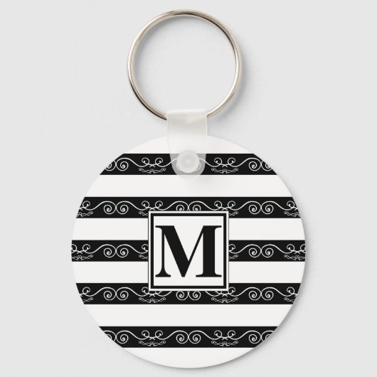Zwart wit gestreept modern Monogram Sleutelhanger (Voorkant)
