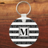 Zwart wit gestreept modern Monogram Sleutelhanger (Voorkant)