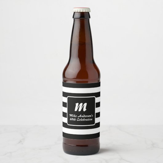 Zwart-wit gestreept monogram bier etiket (Voorkant)