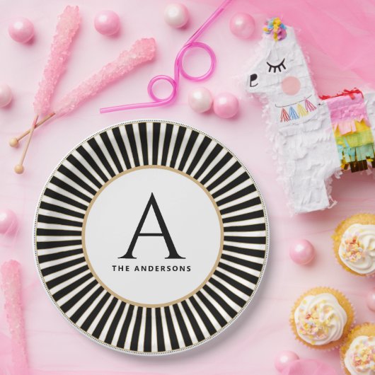 Zwart-wit gestreept monogram Bord (Feest)