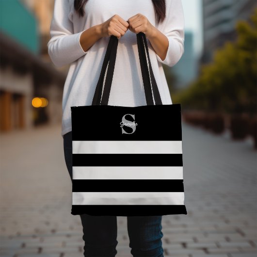 Zwart-wit gestreept monogram Initiaal Naam Tote Bag