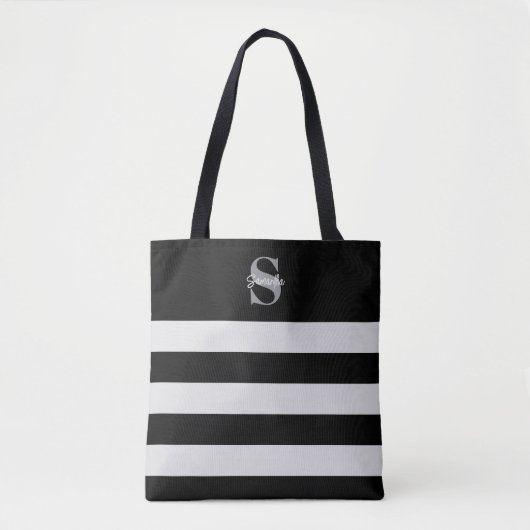 Zwart-wit gestreept monogram Initiaal Naam Tote Bag (Voorkant)
