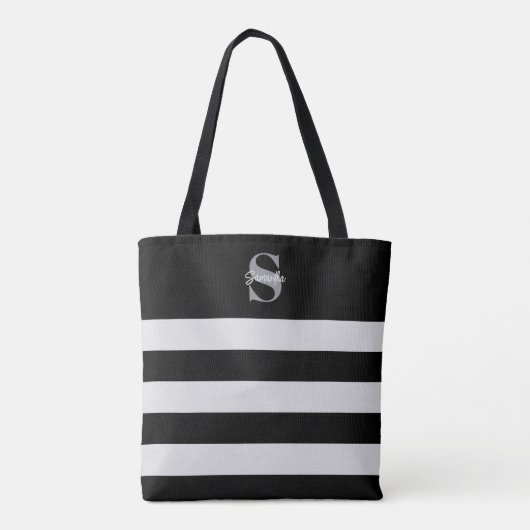 Zwart-wit gestreept monogram Initiaal Naam Tote Bag (Achterkant)